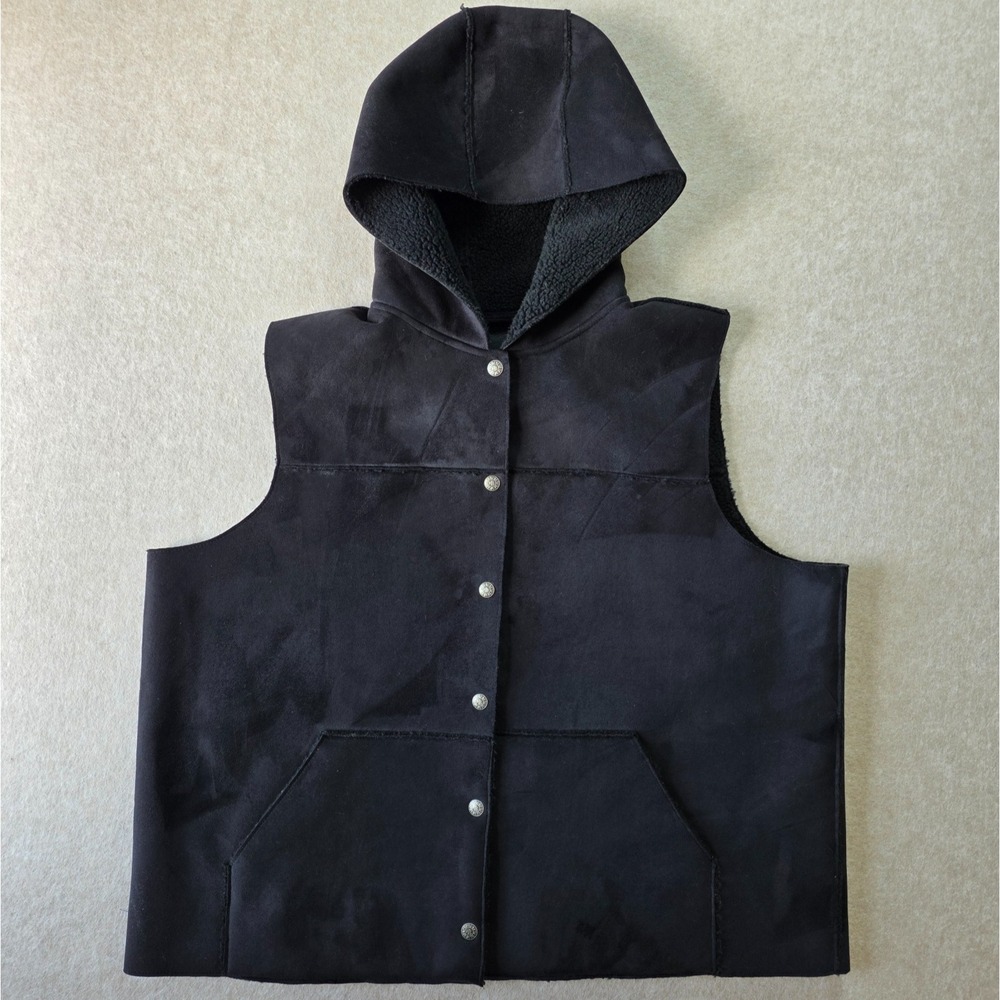 Lauren Ralph‎ Lauren Faux Suede & Shearling Vest Sz 1X Black Hooded Outdoor Prep